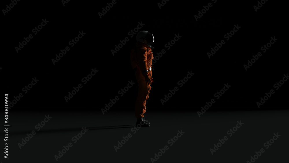 Wall mural astronaut with black visor and orange spacesuit back light with dark grey background with back side 