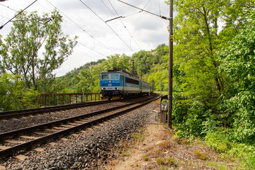 Obraz premium the train passes through the Czech countryside in the woods on the tracks are stones