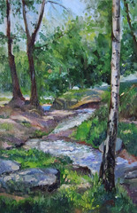 Forest clean Stream in summer, oil painting