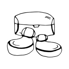 Wireless headphones in doodle style isolated on white background.white Sign icon. hard case for earphone. Vector outline illustration. Music listening device. Usable as icon or symbol.