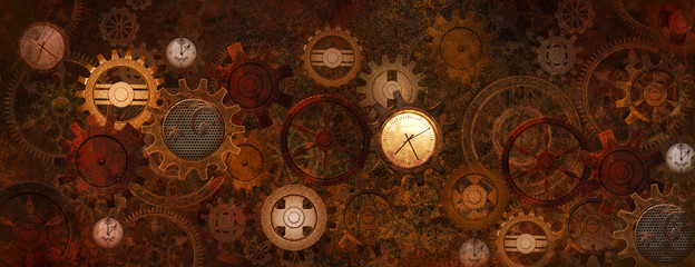 Fototapeta na wymiar Steampunk rusty banner with gears and clocks in vintage style