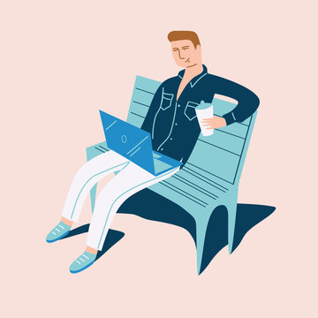 Vector illustration, a male character sits on a bench with a laptop and a cup in his hand.