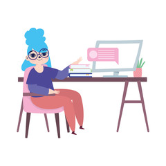 Fototapeta premium working remotely, girl with computer books on desk