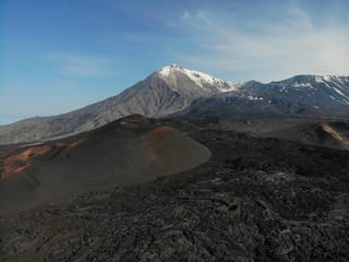 Aerial shot. Tolbachik volcano and lava field