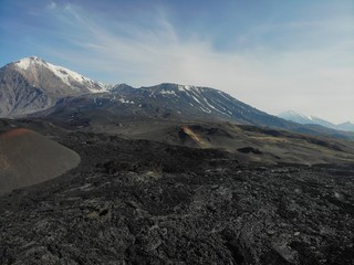 Aerial shot. Tolbachik volcano and lava field