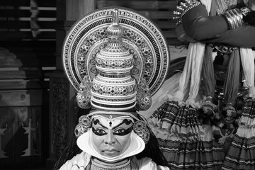 Black and White Close Up of a Kathakali wax figure with make-up. Kathakali performer in the pachcha...
