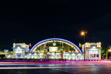 Bangkok,Thailand - 13 MAY 2020. hua lamphong railway station at night. This railway station, opened in 1916, is designed in Italian Neo-Renaissance style by Annibale Rigotti. in thailand