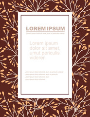 Advertising flyer or greetings card design with beige coral seaweeds silhouettes flat vector illustration on brown background