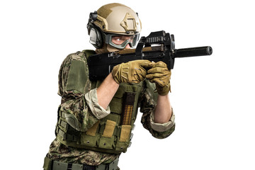 Fototapeta premium US marine corps soldier with weapon. Shot in studio. isolated with clipping on white background. 