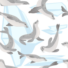 Fototapeta premium Seamless pattern of cute seal cartoon animal design flat vector illustration on white background with iceberg