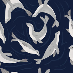 Seamless pattern of cute seal cartoon animal design flat vector illustration on blue background