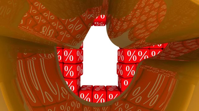Zero percentage bank loan. A golden zero percent symbol breaks a wall of red cubes with percent symbols. Footage video