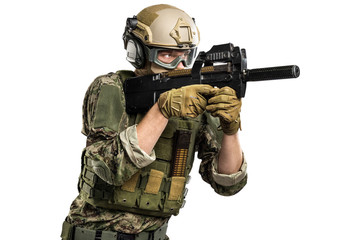 Fototapeta premium US marine corps soldier with weapon. Shot in studio. isolated with clipping on white background. 