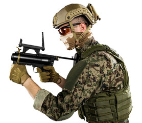 US marine corps soldier with weapon. Shot in studio. isolated with clipping on white background.
