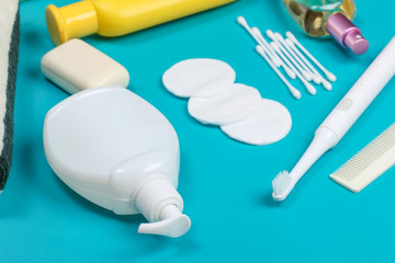 Beauty, health care, cosmetics, hygiene product on blue background.