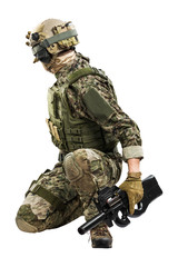 Fototapeta premium US marine corps soldier with weapon. Shot in studio. isolated with clipping on white background. 