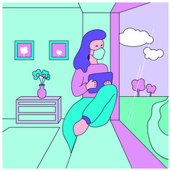 Girl leaning against window with laptop and virus mask. stay at home concept