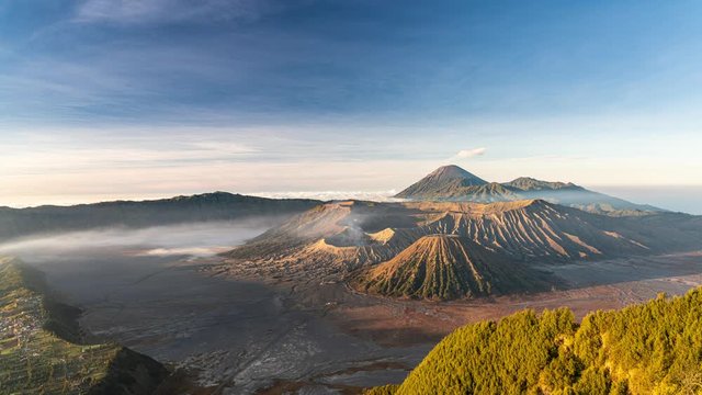 Sunrise at erupting Bromo volcano mountain, Tengger Semeru National Park, East Java, Indonesia
