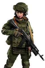 Fototapeta premium female in russian mechanized infantry uniform on white background.