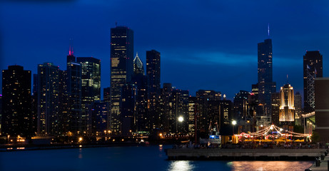 Lights of the Chicago Skyline Across the Harbor at Night, Chicago, Illinois, USA