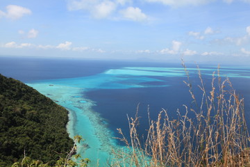 view of the sea from the mountain in malaysia sabah,
with two color meet at a point, navy and blue,...