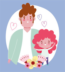 happy fathers day, dad with son hearts love flowers cartoon