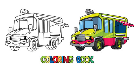 Funny ice cream truck with eyes. Coloring book