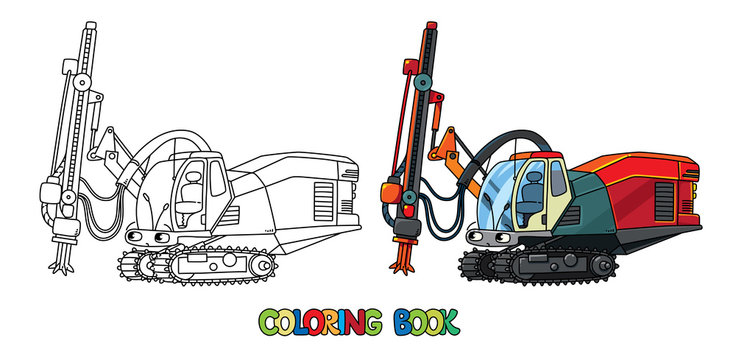 Big drilling truck. Car with eyes. Coloring book