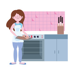 people cooking, girl with bread in hands in the kitchen