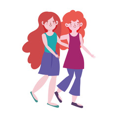 women character hugging walking cartoon design