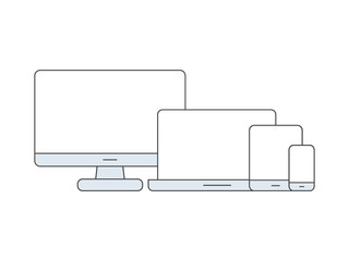 Device line art set. Laptop, smartphone, personal computer and tablet vector illustration isolated on white.