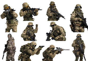 Collage of special forces soldier with rifle. Shot in studio. Isolated with clipping path on white background.
