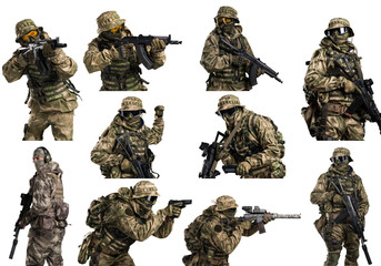 Collage of special forces soldier with rifle. Shot in studio. Isolated with clipping path on white...