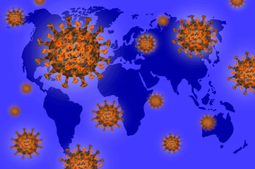 Fototapeta na wymiar coronavirus on silhouette on world map. coronavirus outbreak and coronaviruses influenza. pandemic medical health risk concept with disease cells.