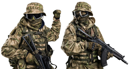 Special forces soldier with rifle. Shot in studio. Isolated with clipping path on white background.
