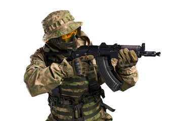 Fototapeta premium Special forces soldier with rifle. Shot in studio. Isolated with clipping path on white background. 