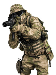 Special forces soldier with rifle. Shot in studio. Isolated with clipping path on white background.
