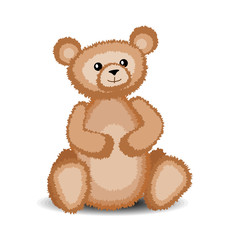 Cute teddy bear sitting. Vector illustration of fluffy brown vintage toy bear