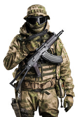 Special forces soldier with rifle. Shot in studio. Isolated with clipping path on white background.

