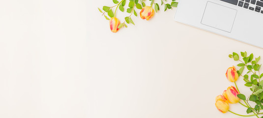 Flat lay blogger or freelancer workspace with a laptop, yellow tulips and branches with green...