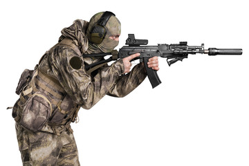Special forces soldier with rifle. Shot in studio. Isolated with clipping path on white background.
