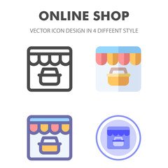 Online Shop icon design in 4 different style. Icon design for your web site design, logo, app, UI. Vector graphics illustration and editable stroke. EPS 10.