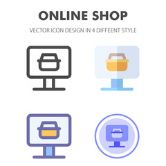 Online Shop icon design in 4 different style. Icon design for your web site design, logo, app, UI. Vector graphics illustration and editable stroke. EPS 10.