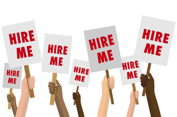 Hands holding 'HIRE ME' signs