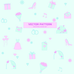 Wedding flat colorful seamless pattern. Vector illustration of doodle wedding and love seamless pattern for wallpapers, wrapping, textile prints, backgrounds, postcards. Pattern for valentine day