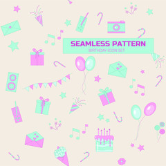 Happy birthday flat colorful seamless pattern. Vector illustration of doodle party seamless pattern for wallpapers, wrapping, textile prints, backgrounds, postcards. Set of festival icons