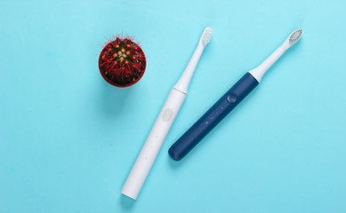 Electric toothbrushes with cactus pot on blue pastel background. Teeth care concept. Top view