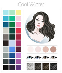 Cool winter. Color type of appearance of women. With a palette of colors suitable for this type of appearance.