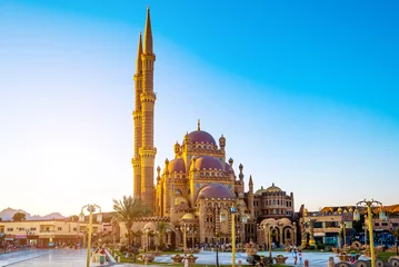 Fotobehang Beautiful Al Mustafa Mosque in Old Town of Sharm El Sheikh in Egypt, at sunset © Ievgen Skrypko