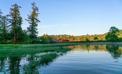 Full Moon And Fog Over Farm Along Mud Bay